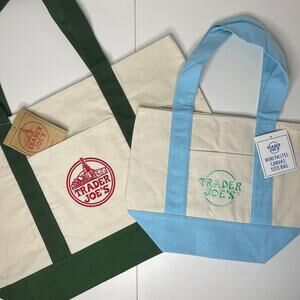 LOT Set of 2 — Trader Joe’s Canvas Tote Bag Full Size GREEN + Pastel BLUE NWT!